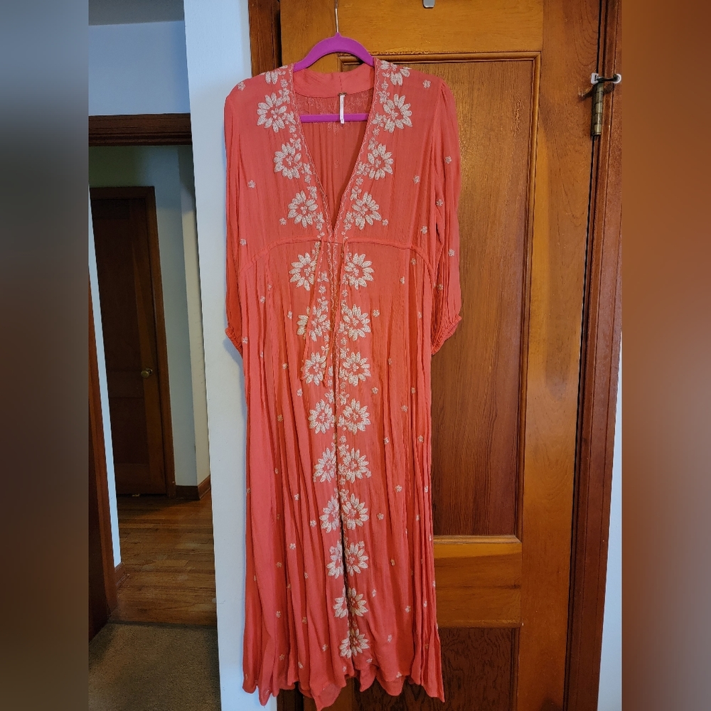 Free People Fable Embroidered Maxi Dress, size M, coral and beige, VGUC